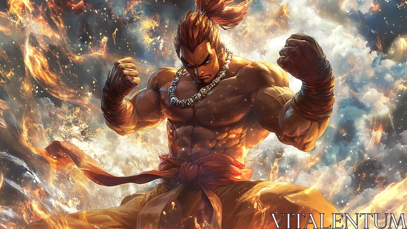Muscular martial artist amid swirling fire and clouds.