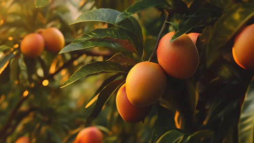 Sun-kissed mangoes lean into golden evening light and glow