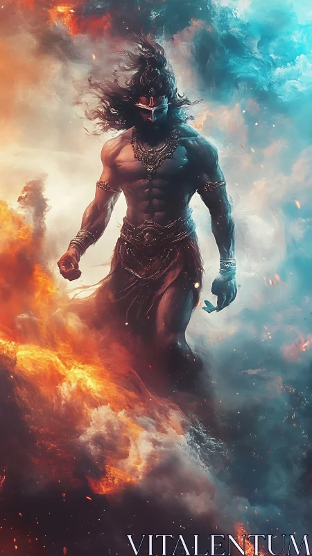 Mythic warrior in swirling elemental fire and mist.