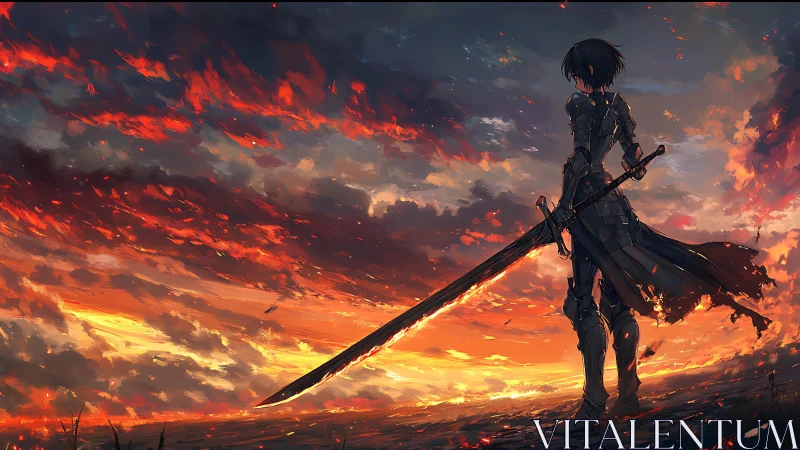 Armored swordsman silhouetted against burning sunset sky.