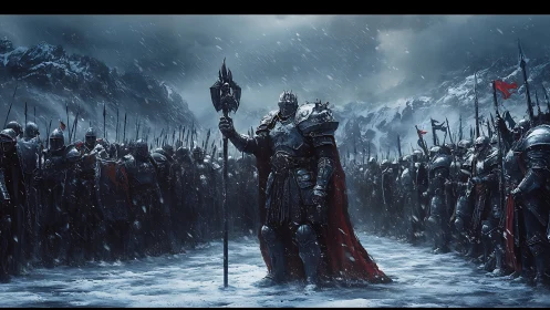 Armored warlord leads phalanx in blizzard-swept mountain pass.