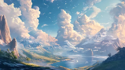 Sunlit alpine valley opens toward distant snow peaks and lake