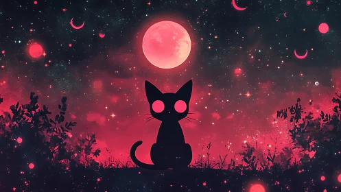 Celestial black cat under neon crimson lunar sky
