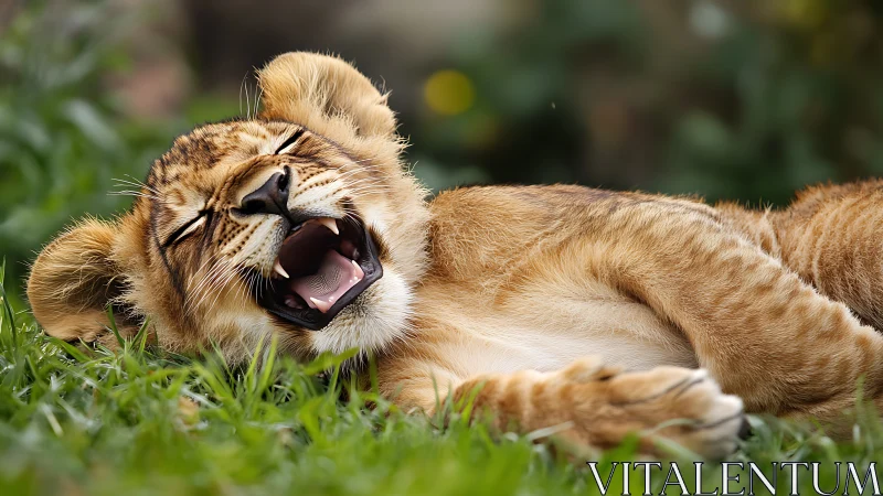 Sleepy lion cub mid-yawn on sunlit green grass.