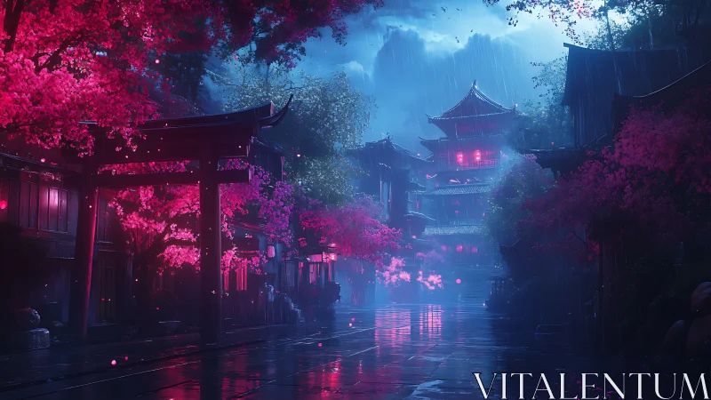 Neon-lit temple street is depicted under rainfall at night
