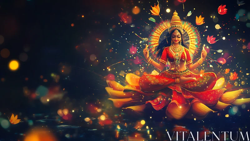 Radiant goddess meditates on luminous lotus amid cosmic glow.