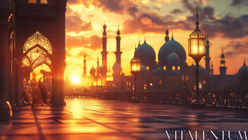 Sunlit colonnade overlooks domed skyline at low sunset