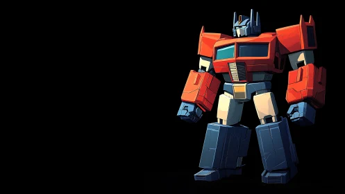 Bold red robot hero standing strong in deep black space.