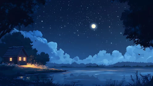 Lakeside nocturne with moonlit stratocumulus and cabin luminance.