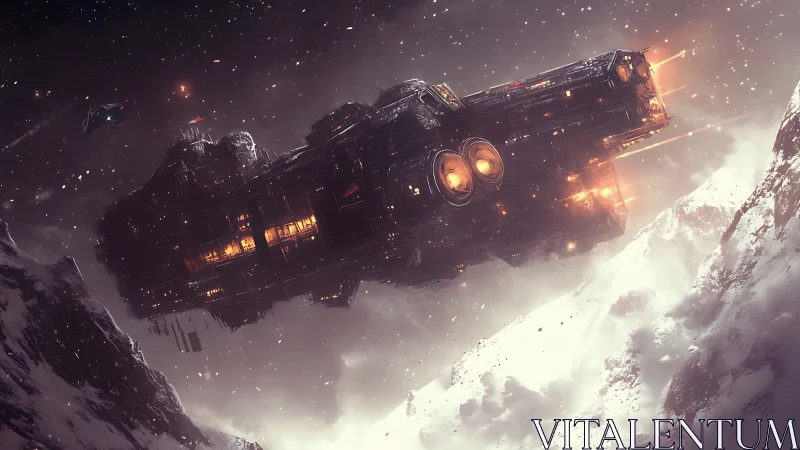 Colossal starship gliding through icy asteroid canyon.