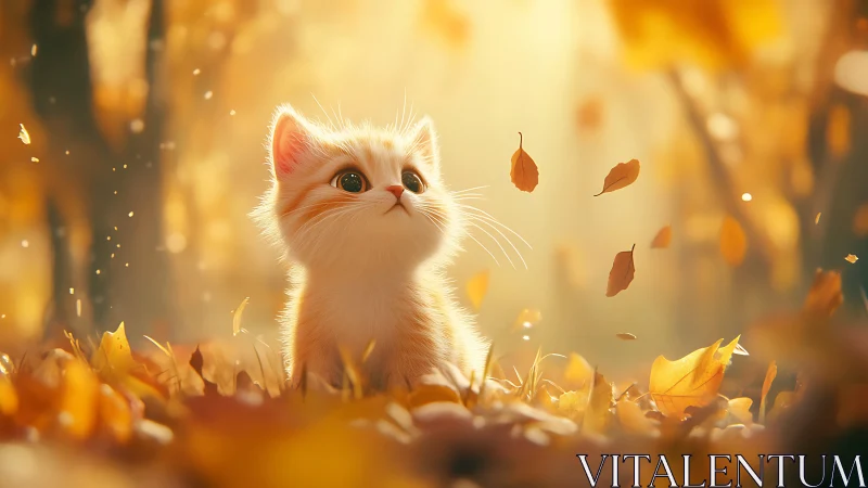 Luminous Kitten in Autumn: Digital Illustration with Bokeh.