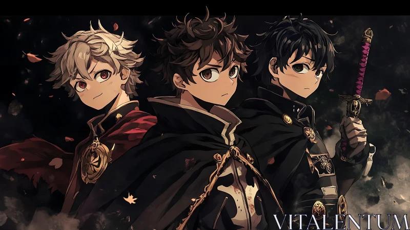 Three cloaked anime warriors stand in a dark, smoky scene.