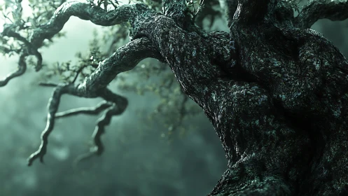 Gnarled tree trunk extends laterally into soft green haze
