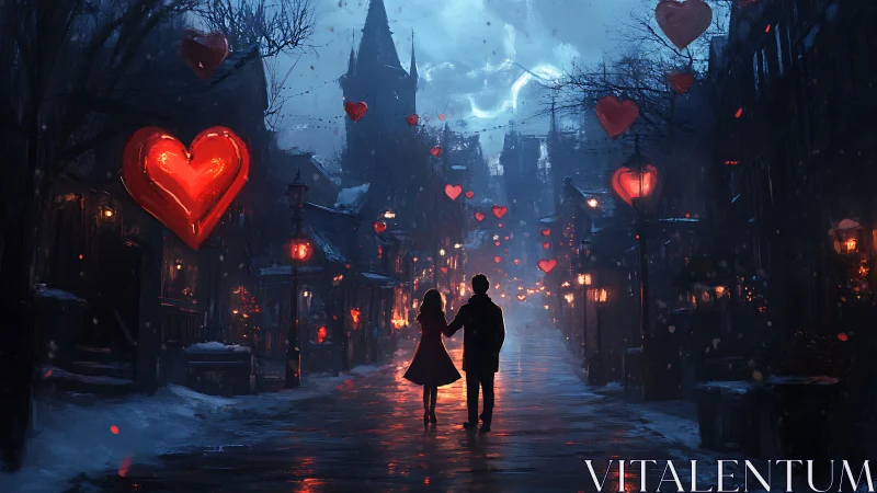 Couple stands in gothic street illuminated by glowing red hearts