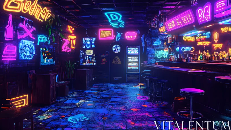 Neon soaked cyberpunk bar glows with electric late night energy