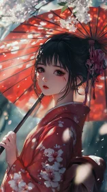 Elegant girl with red parasol pauses beneath falling blossom