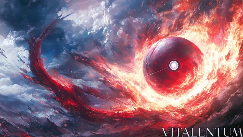 Molten red sphere blazes through stormy cosmic clouds