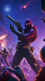 Hooded neon-eyed gunfighter leads sci-fi night battle.