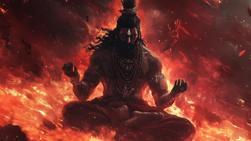 Fireborne ascetic meditates within a vortex of molten dusk.