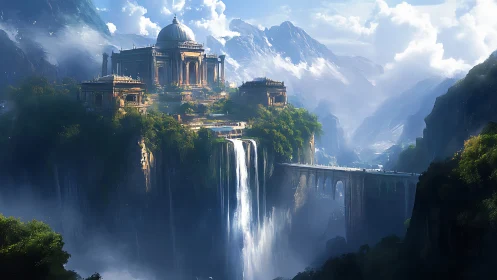 Skyfall citadel over roaring abyss and mist-veiled peaks.