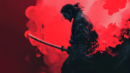 Lone samurai silhouette amid red smoke and katana glow.