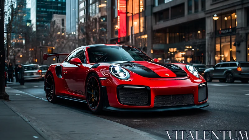 Red sports coupe glowing against a lively city evening.