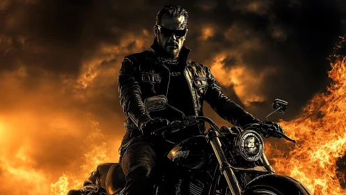 Biker outlaw on flaming highway under storm clouds.