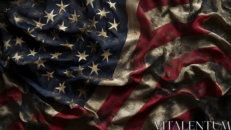Weathered American flag with dramatic folds and grit.
