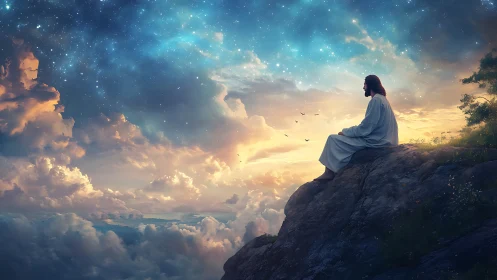 Solitary robed figure dreaming above a star-kissed sunrise sky.