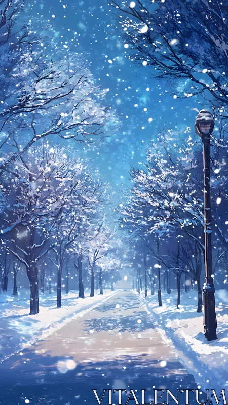 Snowy park pathway glowing softly under a peaceful sky.