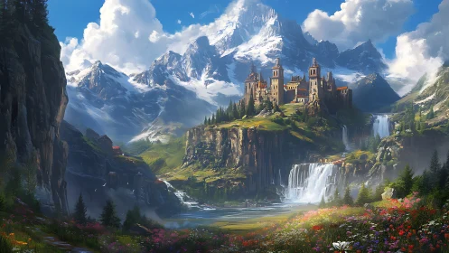 Mountain citadel overlooks cascading waterfalls and alpine valley