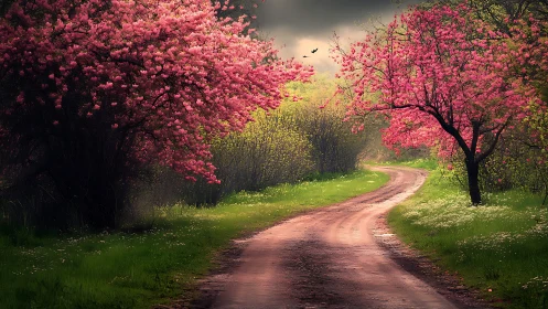 Curving country path framed by saturated spring blossom trees