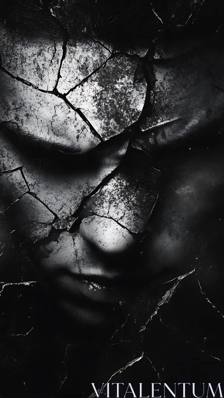 Fragmented monochrome portrait with cracked stone visage.