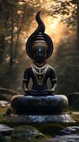 Bronze meditative deity statue in forest with volumetric backlight