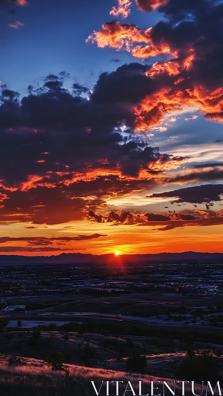 Fiery clouds crown a glowing sunset above a quiet valley city