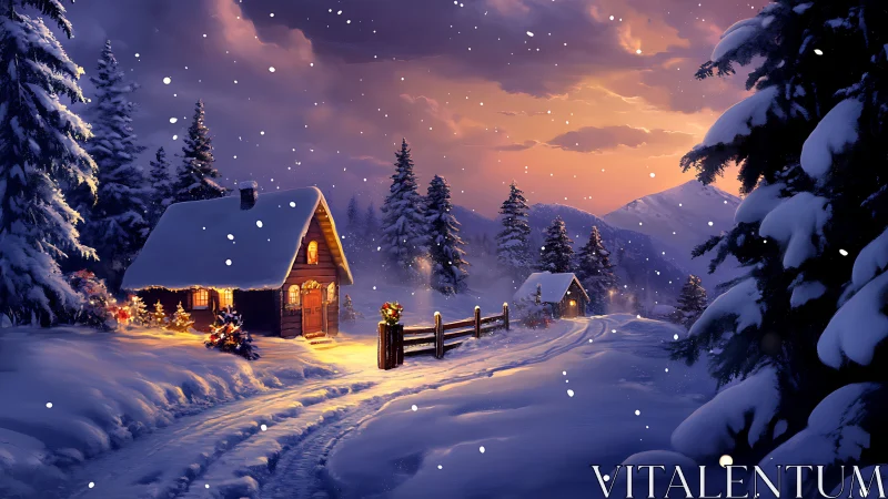 Snowy mountain cabins glow warmly beneath a tranquil dusk sky