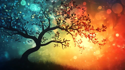 Dreamlike bokeh-lit tree crossing cool and warm skies.