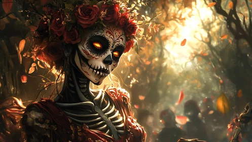 Rose-crowned skeletal queen glows in autumn ritual forest.