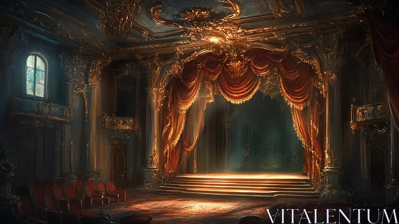 Ornate theater stage with red drapery and tiered platform.