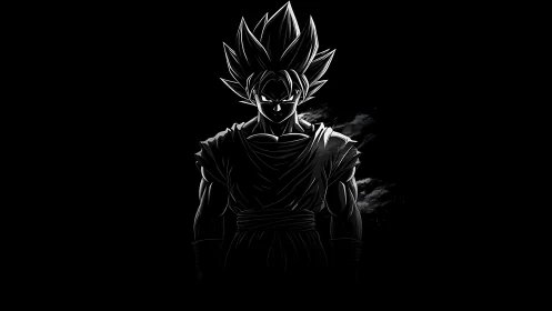 Silhouetted spiky haired warrior in stark monochrome profile.