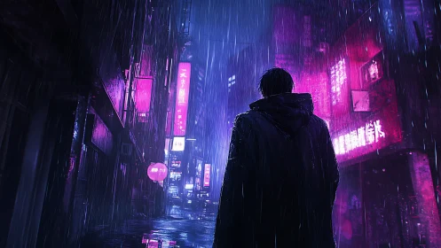 Noir silhouette in neon-saturated cyberpunk rain corridor.