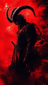 Horned demon warrior stands in crimson smoke
