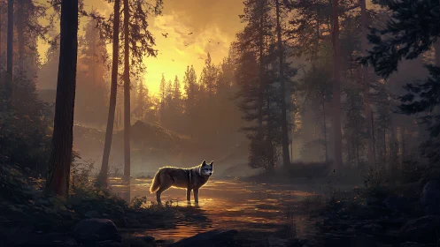 Golden dusk welcomes a lone wolf standing in quiet water