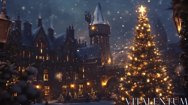 Snowlit gothic castle courtyard with glowing Christmas tree.
