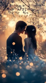 Silhouetted figures beneath flowering branches at sunset.