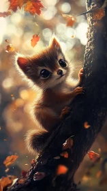 Small autumn forest creature clinging to tree trunk.