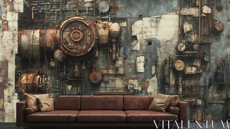 Industrial wall mural frames brown leather loft sofa.
