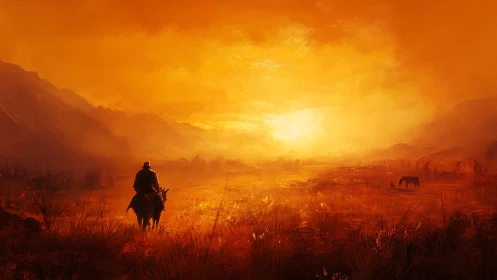 Lone rider crosses a blazing sunset frontier in silence.