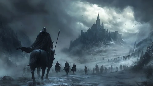 Dark cavalry approaches storm-lashed fortress in frozen valley.