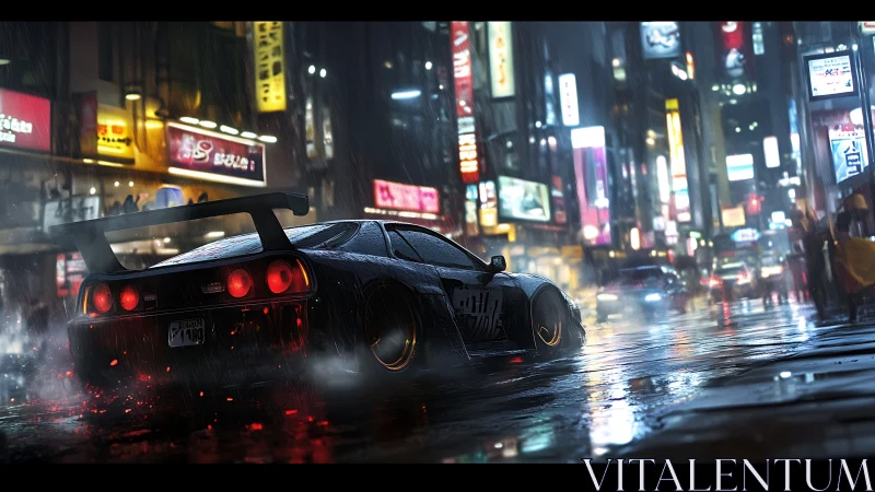 Tuned street racer powers through neon lit rainy city night